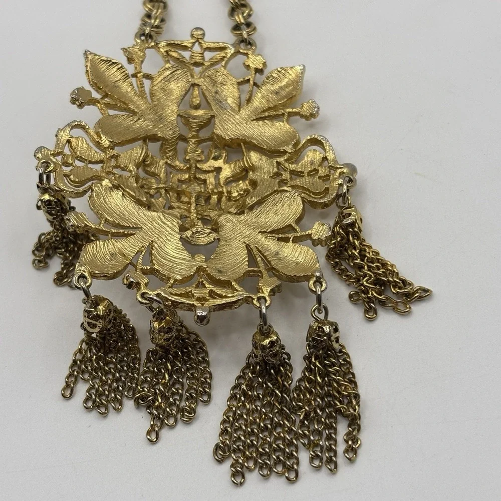 Vintage Gold Tone Chain Fringe Tassel Statement Necklace 24